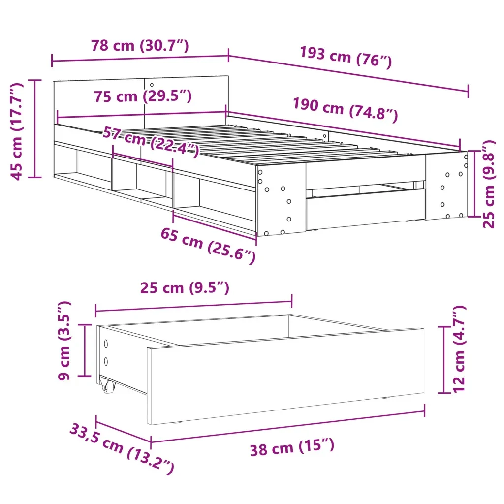 Letto singolo | Letto per adulti | Giroletto Cassetto Rovere Sonoma 75x190 cm Legno Multistrato - Image 10