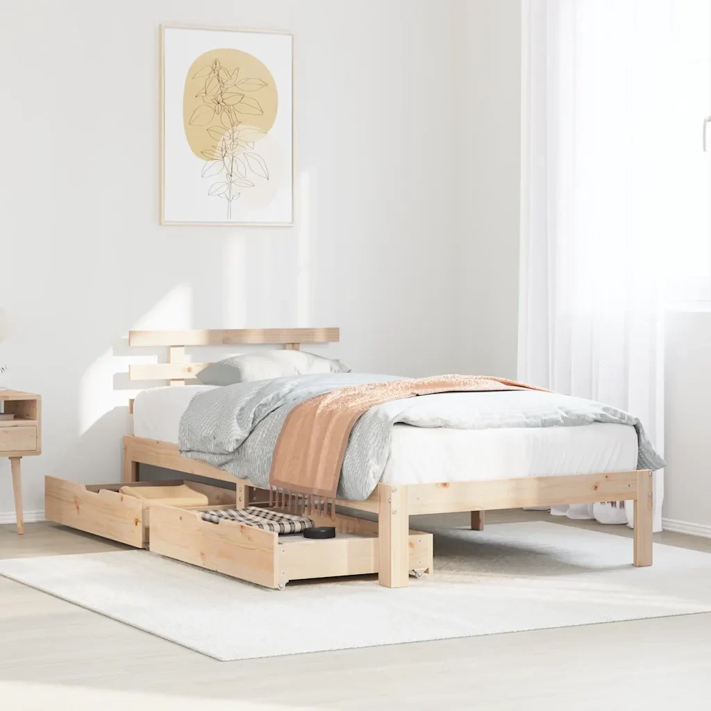 Letto singolo | Letto per adulti | Giroletto con Cassetti 75x190 cm in Legno Massello di Pino - Image 2