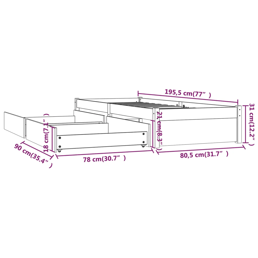Letto singolo | Letto per adulti | Giroletto con Cassetti 75x190 cm Small Single - Image 9