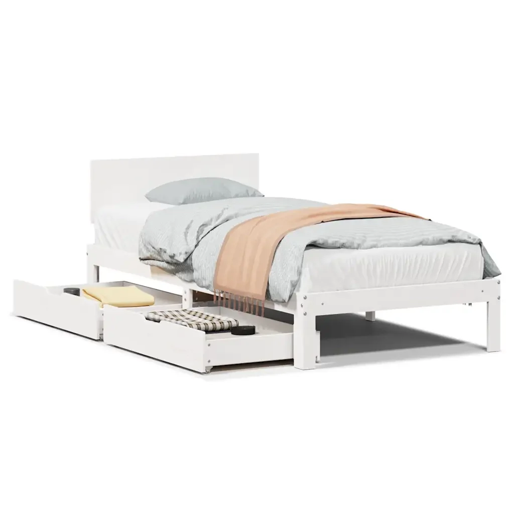 Letto singolo | Letto per adulti | Giroletto con Cassetti Bianco 100x200 cm Legno Massello di Pino