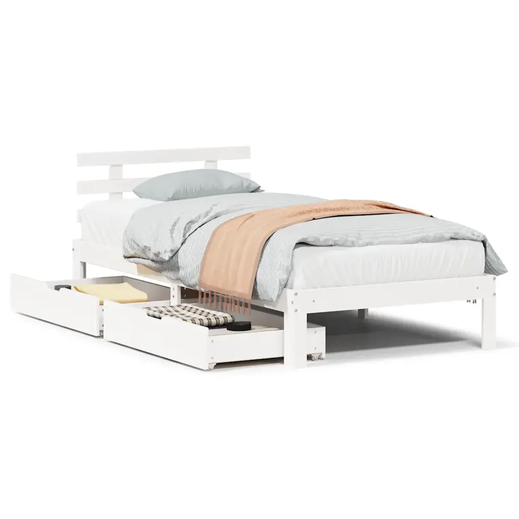 Letto singolo | Letto per adulti | Giroletto con Cassetti Bianco 100x200 cm Legno Massello di Pino