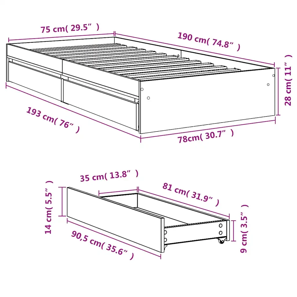 Letto singolo | Letto per adulti | Giroletto con Cassetti Bianco 75x190 cm in Legno Multistrato - Image 10