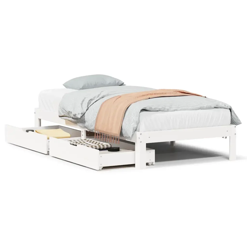 Letto singolo | Letto per adulti | Giroletto con Cassetti Bianco 75x190 cm Legno Massello di Pino