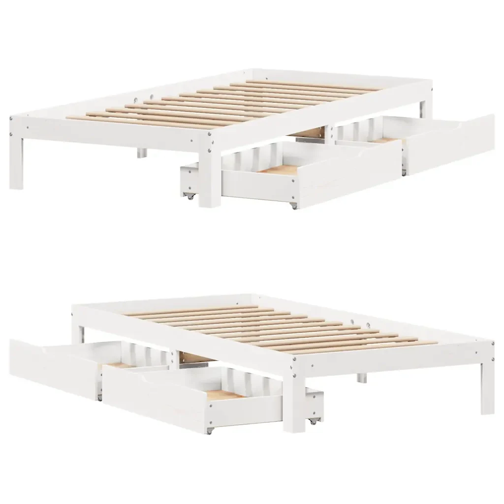 Letto singolo | Letto per adulti | Giroletto con Cassetti Bianco 75x190 cm Legno Massello di Pino - Image 9