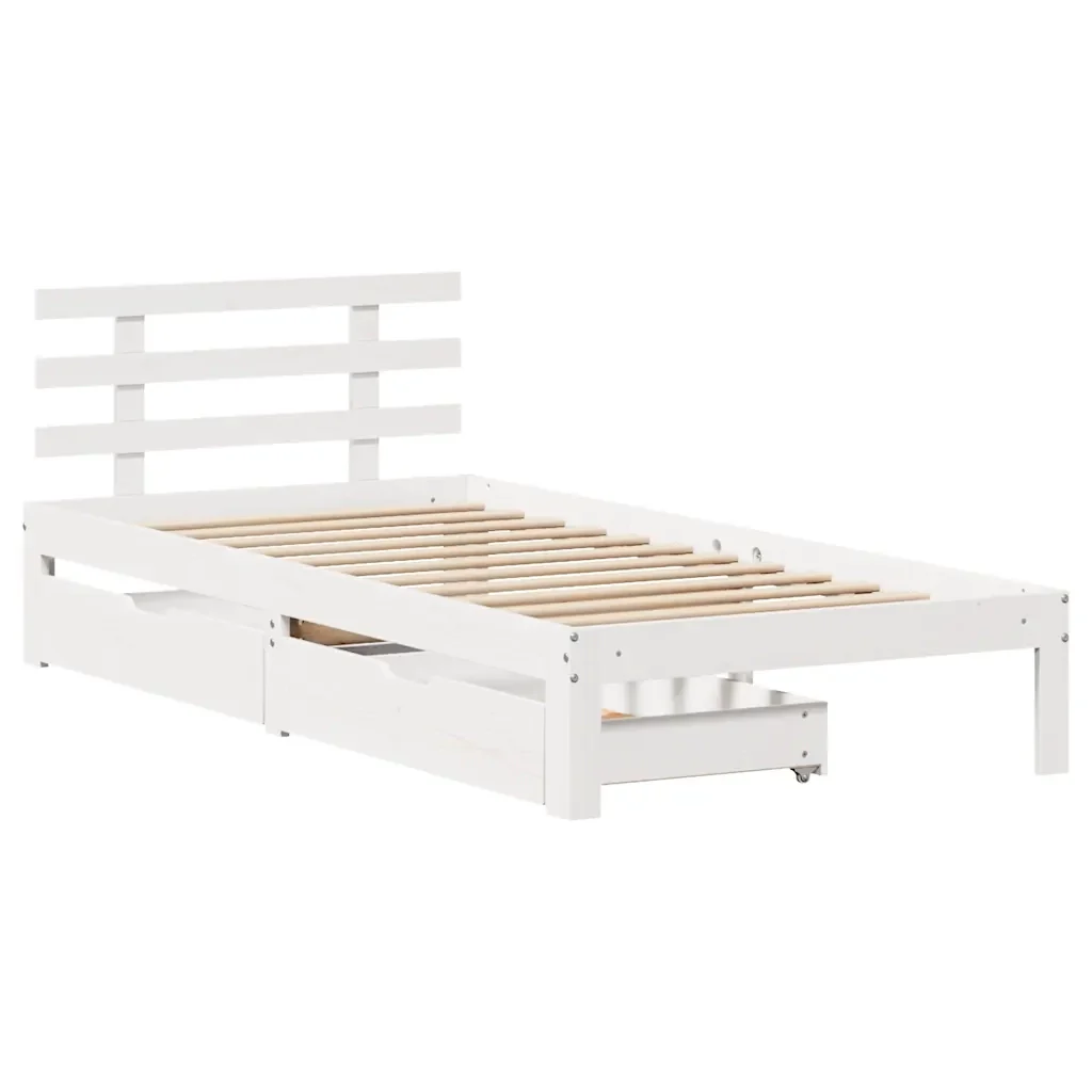 Letto singolo | Letto per adulti | Giroletto con Cassetti Bianco 75x190 cm Legno Massello di Pino - Image 4