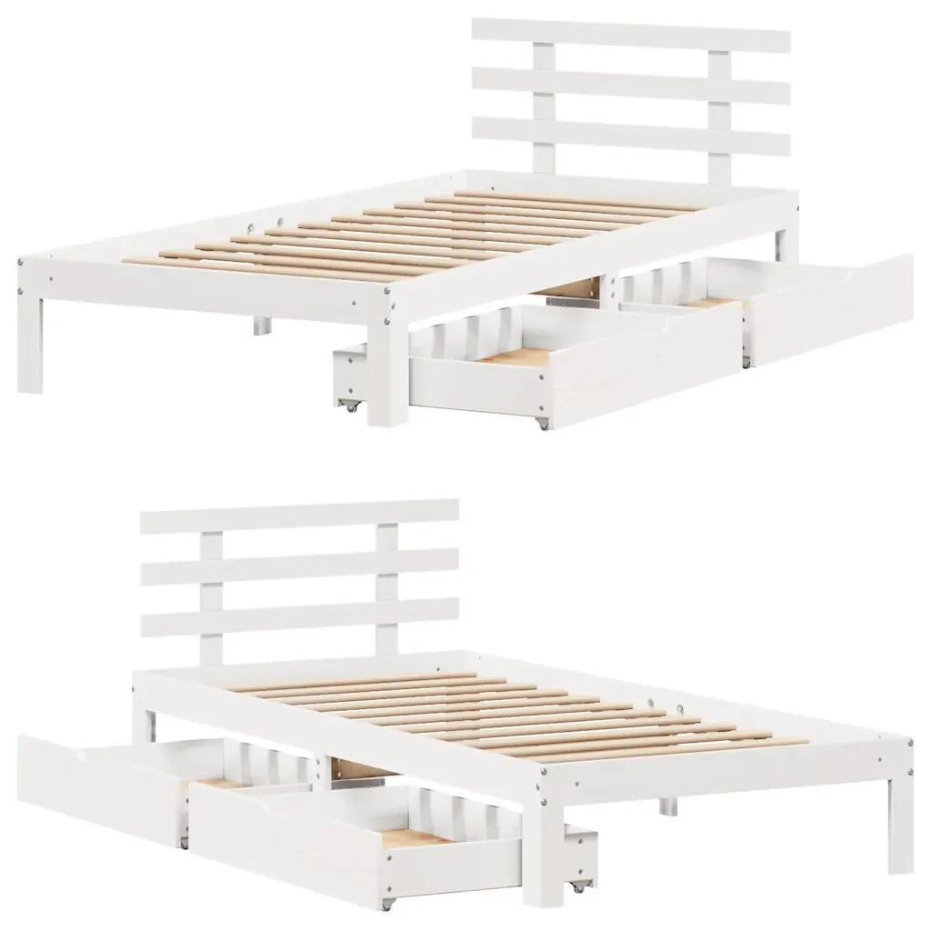 Letto singolo | Letto per adulti | Giroletto con Cassetti Bianco 75x190 cm Legno Massello di Pino - Image 9