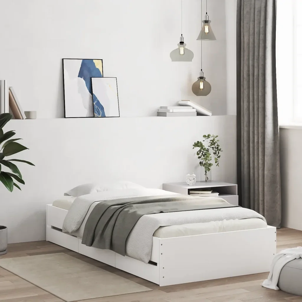 Letto singolo | Letto per adulti | Giroletto con Cassetti Bianco 90x190 cm in Legno Multistrato - Image 2