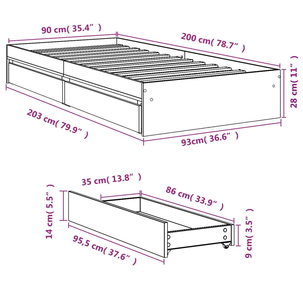 Letto singolo | Letto per adulti | Giroletto con Cassetti Bianco 90x200 cm in Legno Multistrato - Image 10