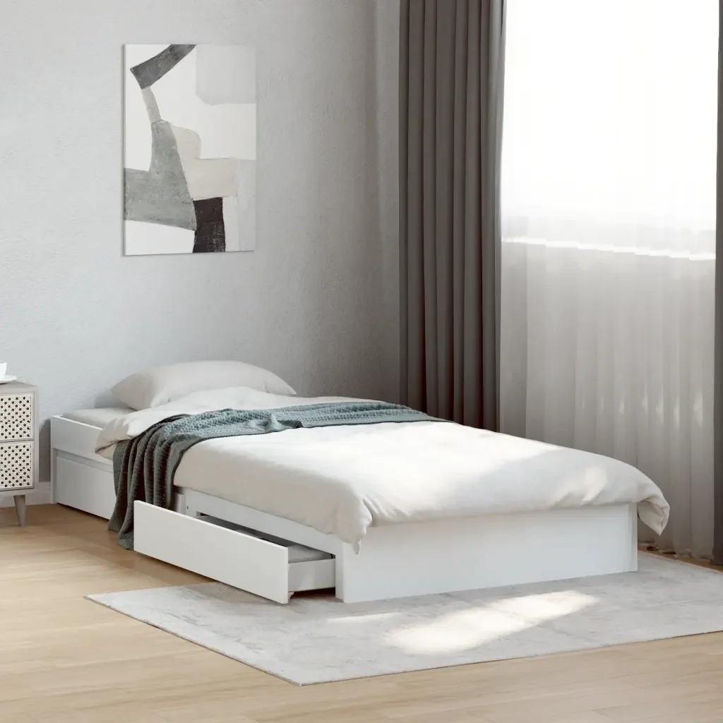 Letto singolo | Letto per adulti | Giroletto con Cassetti Bianco 90x200 cm in Legno Multistrato - Image 2
