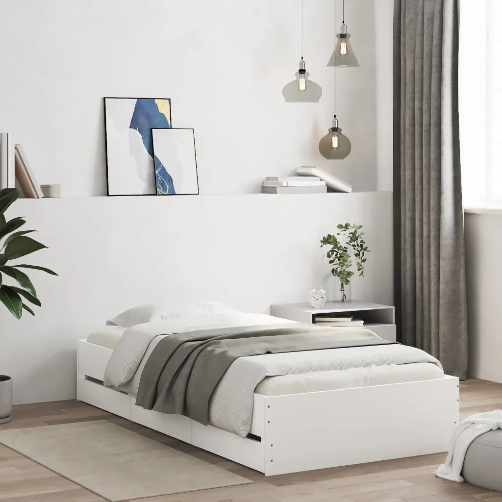 Letto singolo | Letto per adulti | Giroletto con Cassetti Bianco 90x200 cm in Legno Multistrato - Image 2