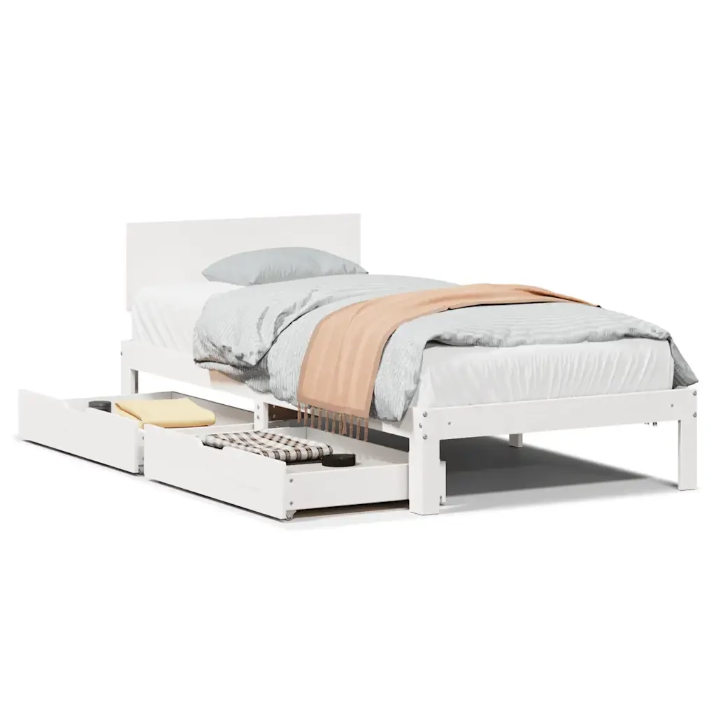 Letto singolo | Letto per adulti | Giroletto con Cassetti Bianco 90x200 cm Legno Massello di Pino