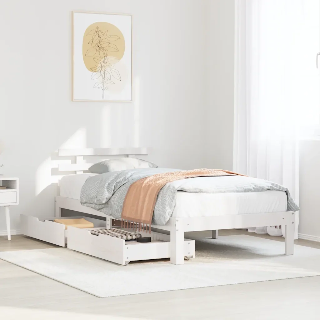 Letto singolo | Letto per adulti | Giroletto con Cassetti Bianco 90x200 cm Legno Massello di Pino - Image 2