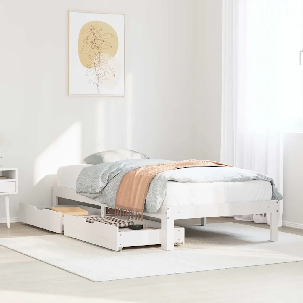 Letto singolo | Letto per adulti | Giroletto con Cassetti Bianco 90x200 cm Legno Massello di Pino - Image 2