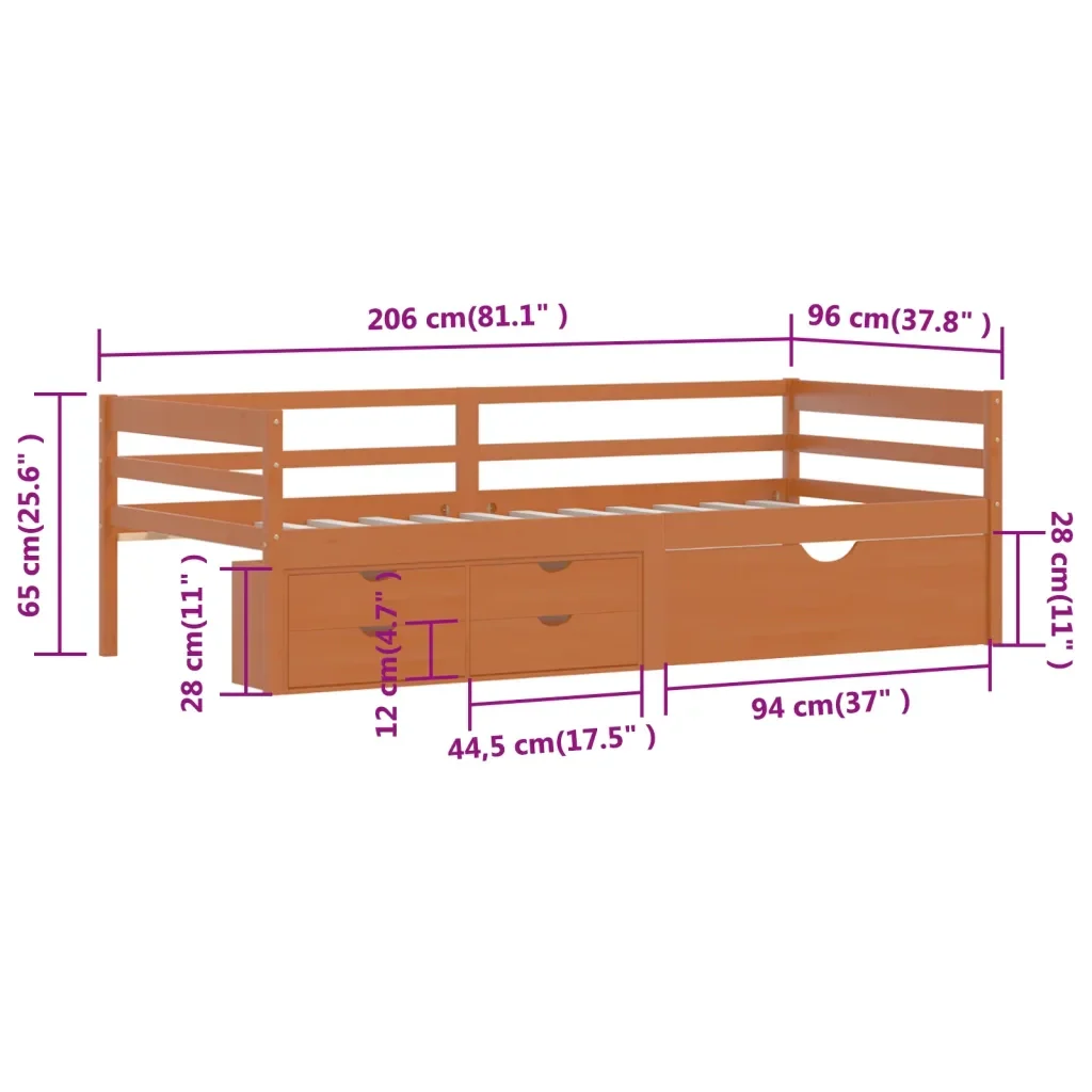 Letto singolo | Letto per adulti | Giroletto con Cassetti Grigio Scuro in Legno di Pino 90x200 cm - Image 10