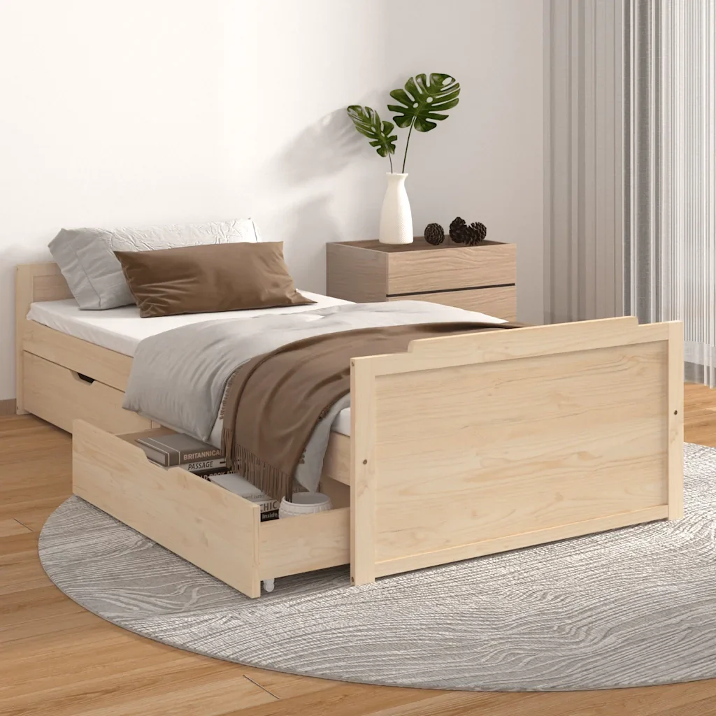 Letto singolo | Letto per adulti | Giroletto con Cassetti in Legno Massello di Pino 90x200 cm - Image 2