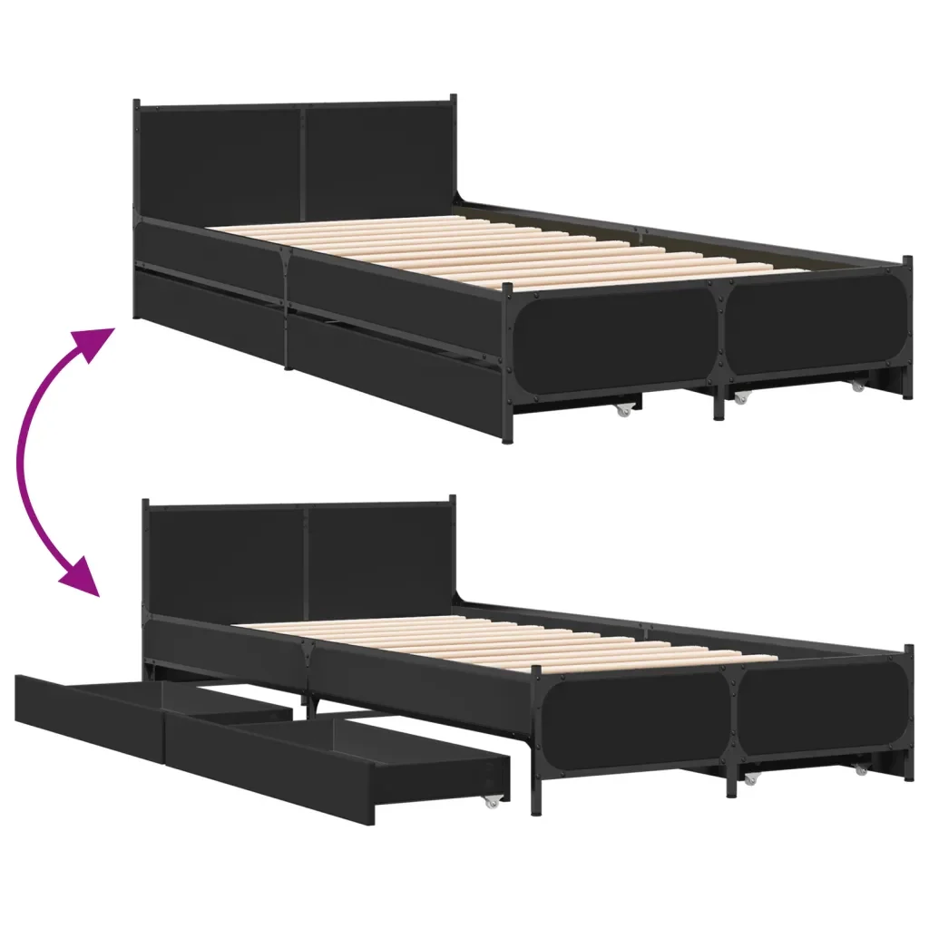 Letto singolo | Letto per adulti | Giroletto con Cassetti Nero 75x190 cm in Legno Multistrato - Image 7