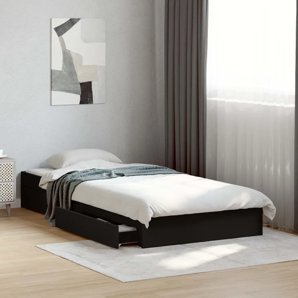 Letto singolo | Letto per adulti | Giroletto con Cassetti Nero 75x190 cm in Legno Multistrato - Image 2