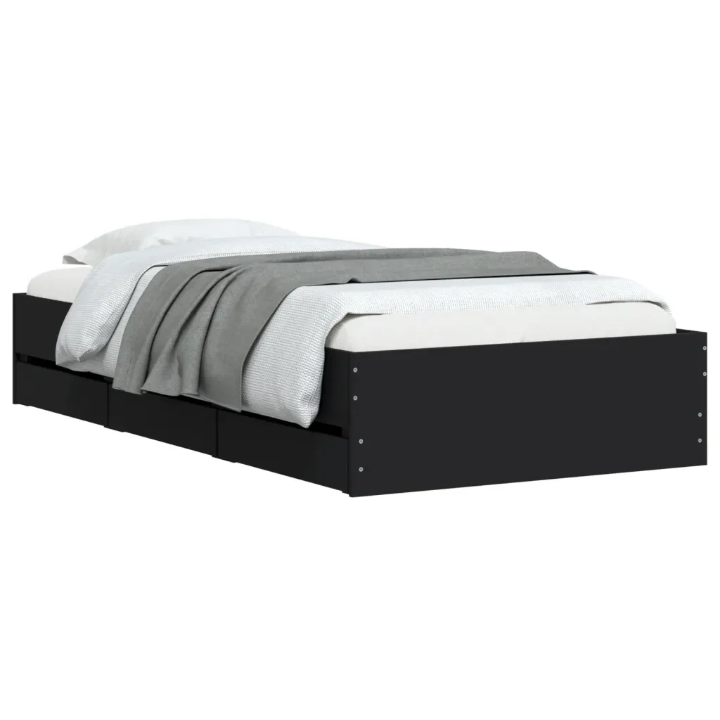 Letto singolo | Letto per adulti | Giroletto con Cassetti Nero 75x190 cm in Legno Multistrato - Image 4