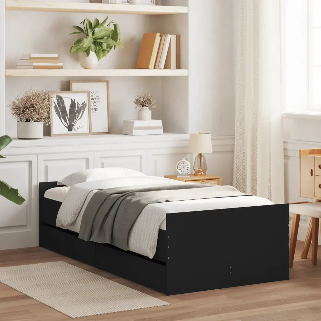 Letto singolo | Letto per adulti | Giroletto con Cassetti Nero 90x190 cm - Image 2