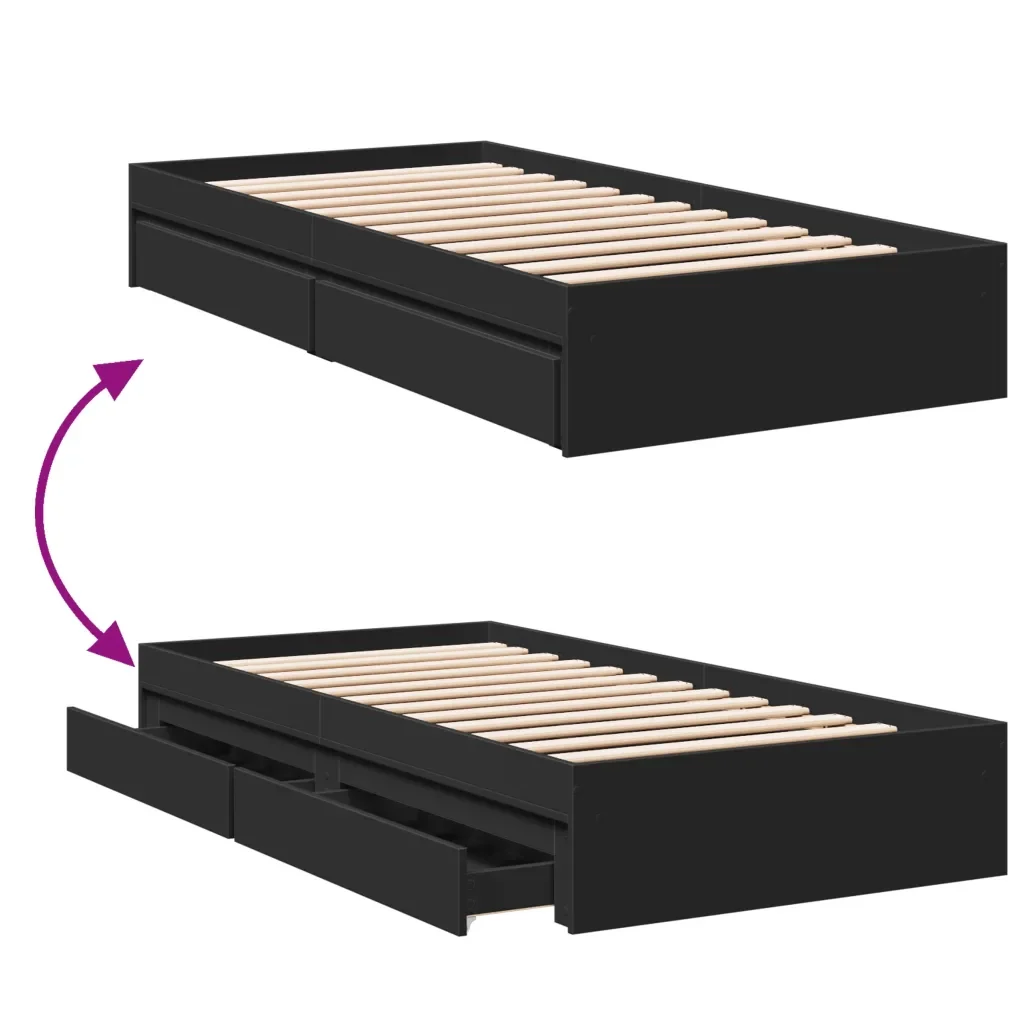 Letto singolo | Letto per adulti | Giroletto con Cassetti Nero 90x190 cm in Legno Multistrato - Image 7