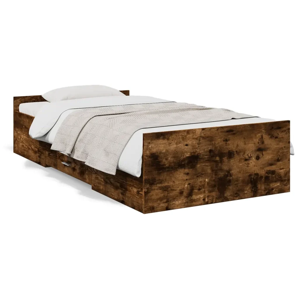 Letto singolo | Letto per adulti | Giroletto con Cassetti Rovere Fumo 100x200 cm Legno Multistrato