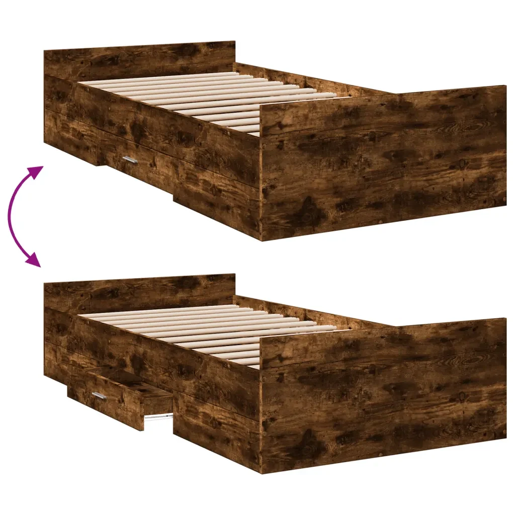 Letto singolo | Letto per adulti | Giroletto con Cassetti Rovere Fumo 100x200 cm Legno Multistrato - Image 7
