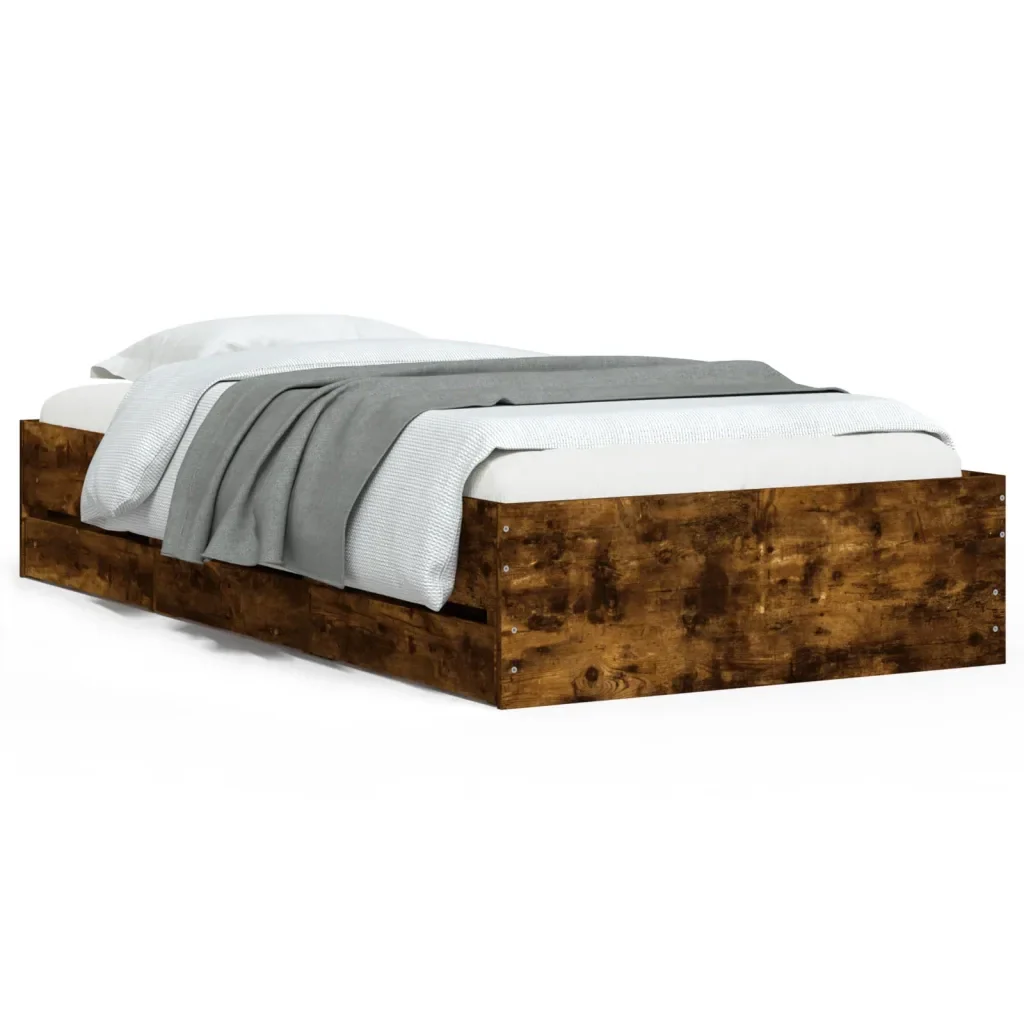 Letto singolo | Letto per adulti | Giroletto con Cassetti Rovere Fumo 75x190 cm Legno Multistrato