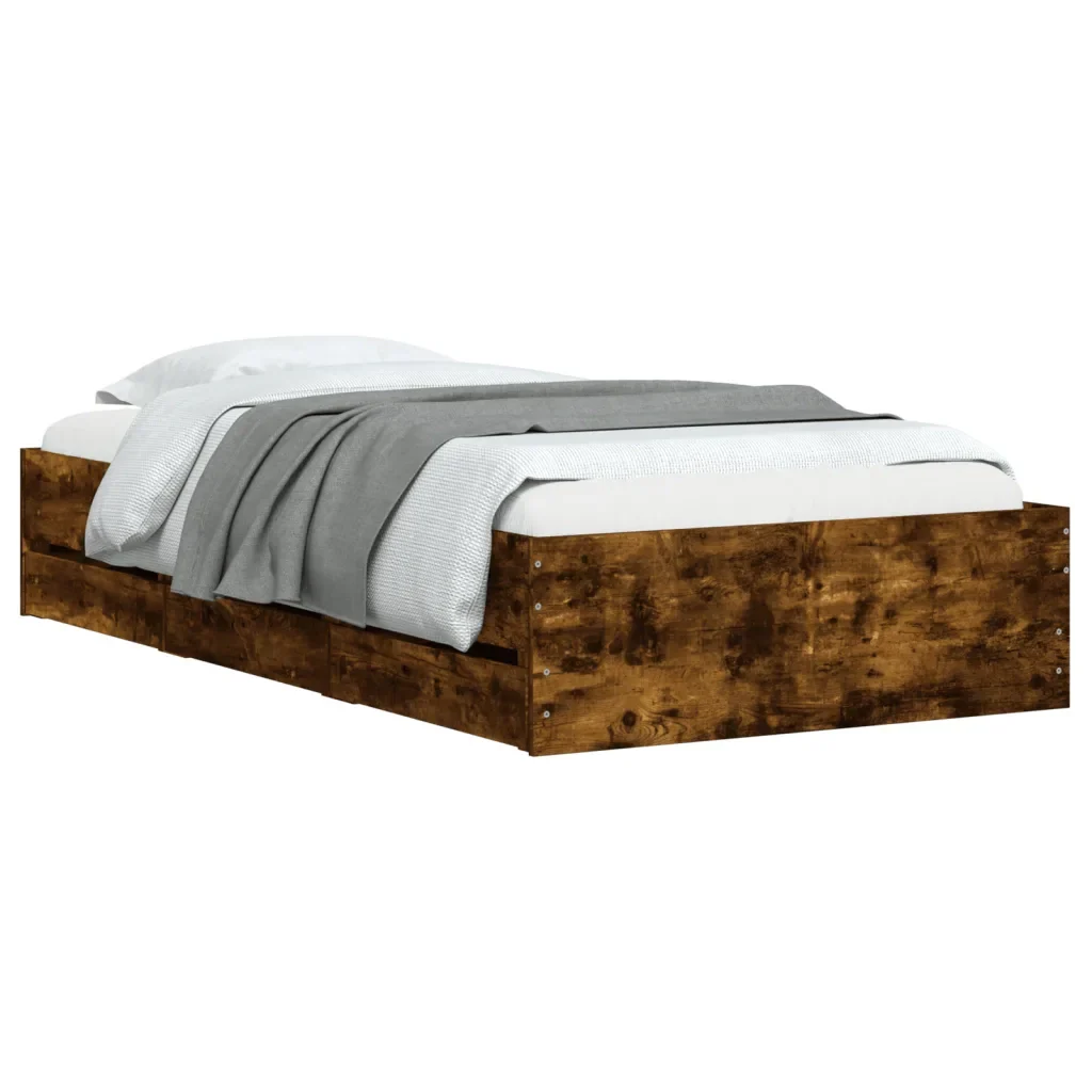 Letto singolo | Letto per adulti | Giroletto con Cassetti Rovere Fumo 75x190 cm Legno Multistrato - Image 4