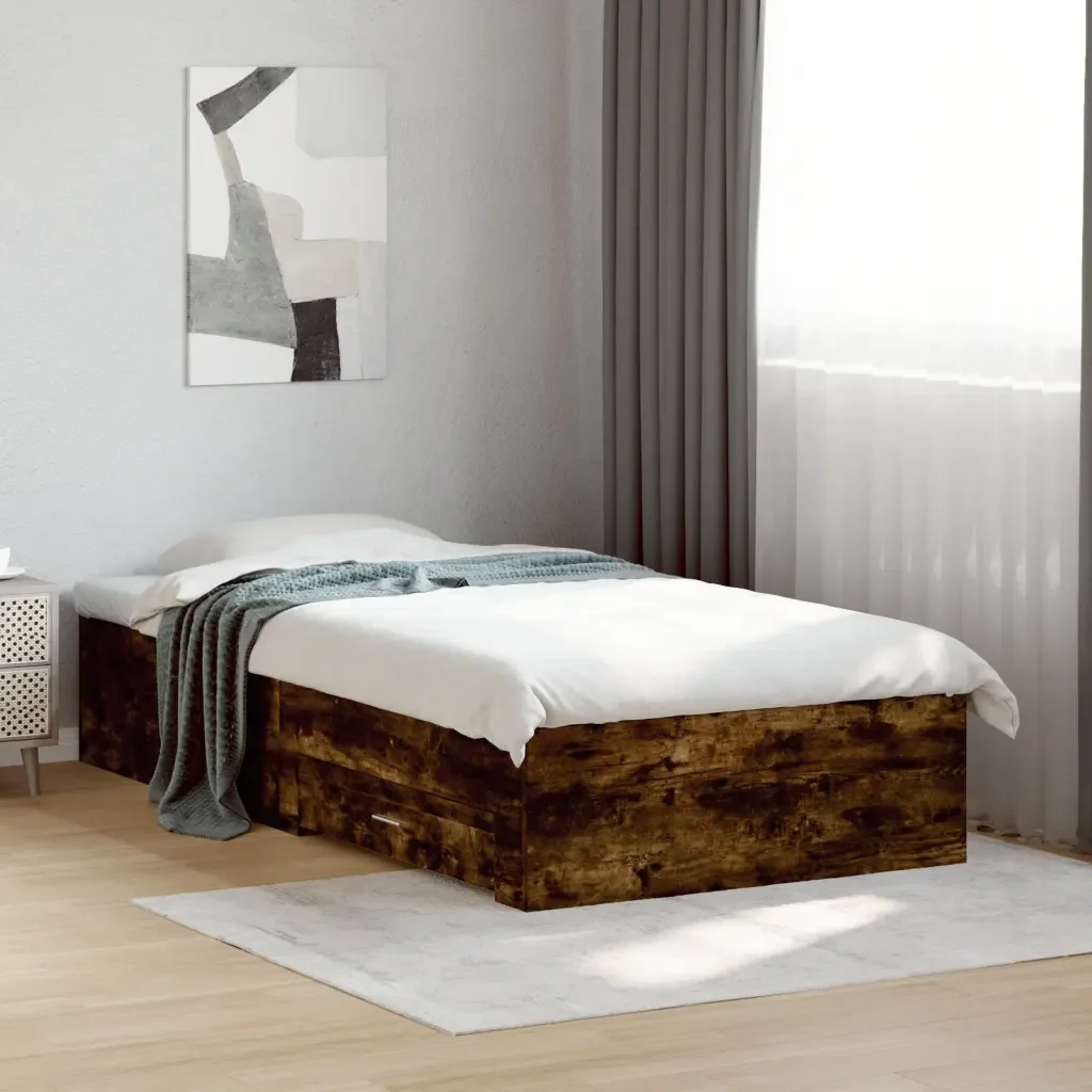 Letto singolo | Letto per adulti | Giroletto con Cassetti Rovere Fumo 75x190 cm Legno Multistrato - Image 2