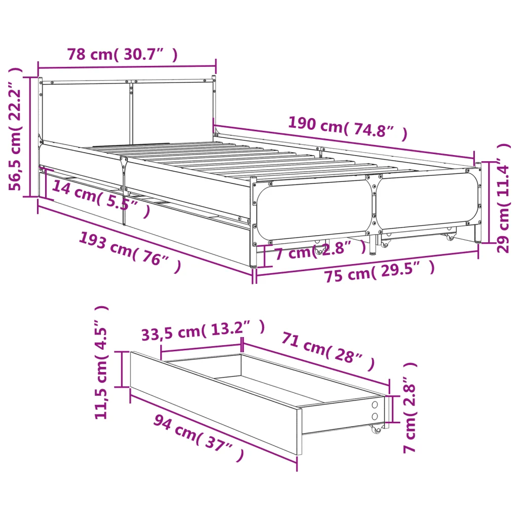 Letto singolo | Letto per adulti | Giroletto con Cassetti Rovere Fumo 75x190 cm Legno Multistrato - Image 10