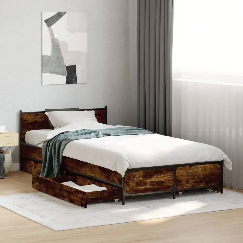 Letto singolo | Letto per adulti | Giroletto con Cassetti Rovere Fumo 75x190 cm Legno Multistrato - Image 2