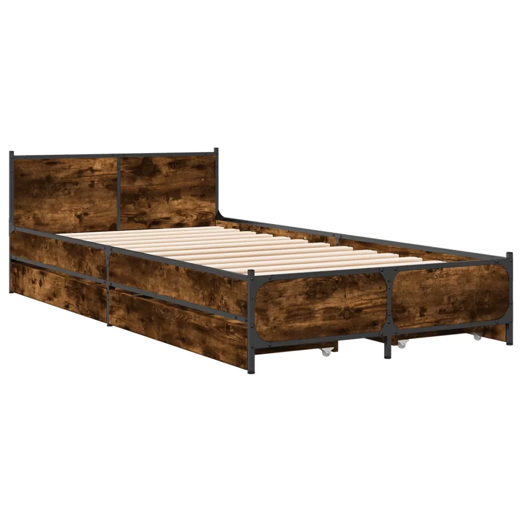Letto singolo | Letto per adulti | Giroletto con Cassetti Rovere Fumo 75x190 cm Legno Multistrato - Image 3