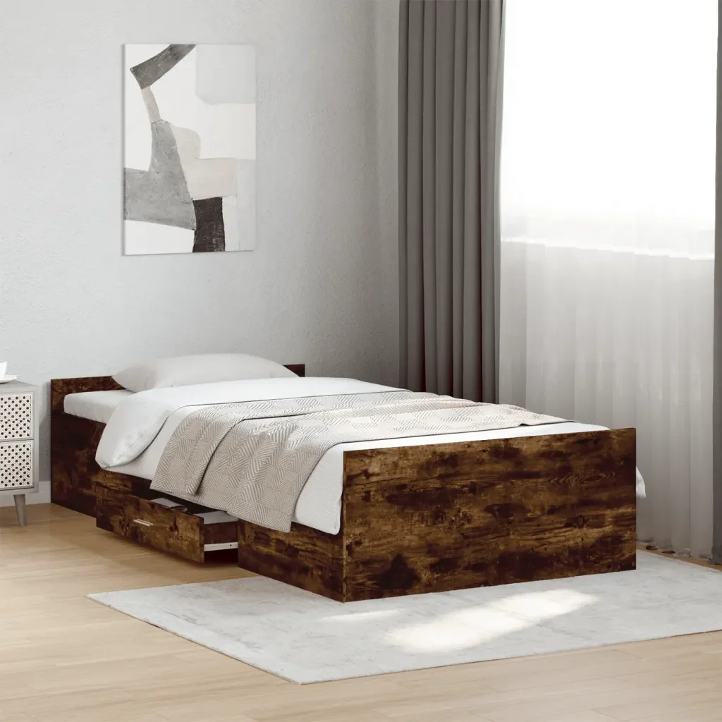 Letto singolo | Letto per adulti | Giroletto con Cassetti Rovere Fumo 75x190 cm Legno Multistrato - Image 2