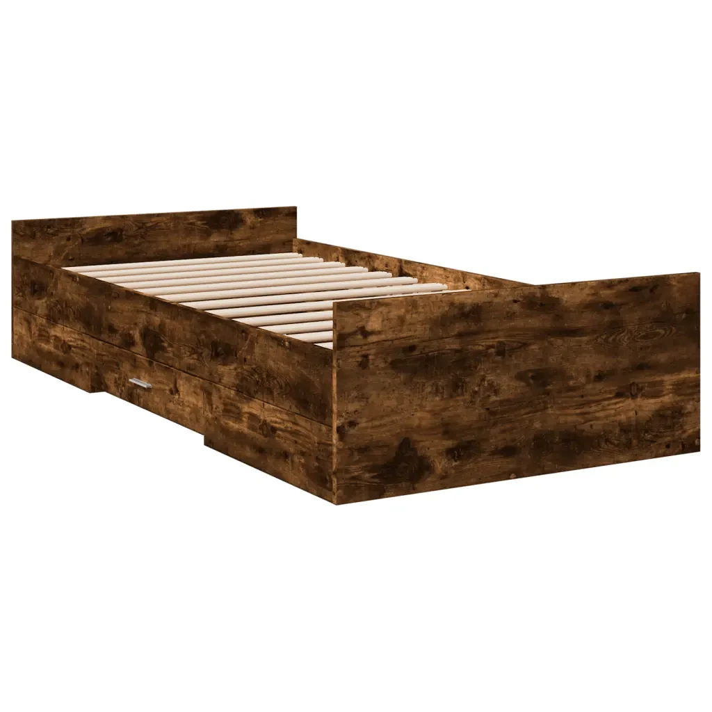 Letto singolo | Letto per adulti | Giroletto con Cassetti Rovere Fumo 75x190 cm Legno Multistrato - Image 4