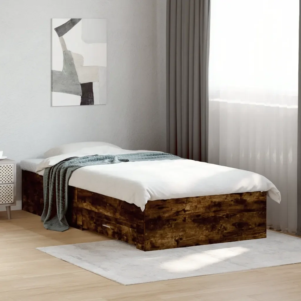 Letto singolo | Letto per adulti | Giroletto con Cassetti Rovere Fumo 90x190 cm Legno Multistrato - Image 2