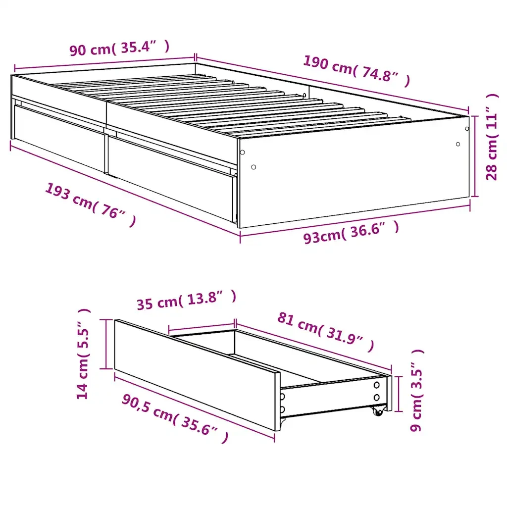 Letto singolo | Letto per adulti | Giroletto con Cassetti Rovere Fumo 90x190 cm Legno Multistrato - Image 10