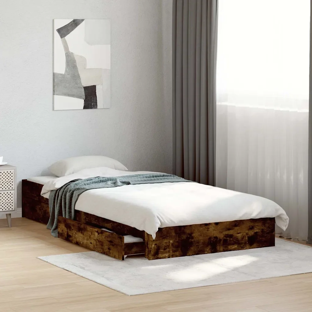 Letto singolo | Letto per adulti | Giroletto con Cassetti Rovere Fumo 90x190 cm Legno Multistrato - Image 2