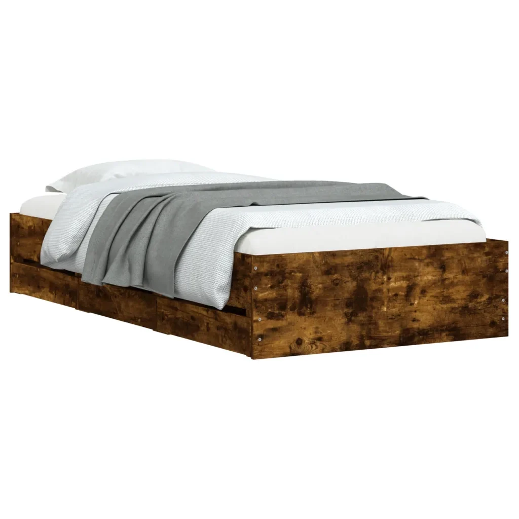Letto singolo | Letto per adulti | Giroletto con Cassetti Rovere Fumo 90x200 cm Legno Multistrato - Image 4