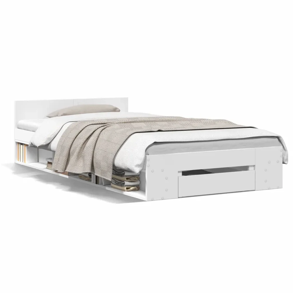 Letto singolo | Letto per adulti | Giroletto con Cassetto Bianco 100x200 cm in Legno Multistrato