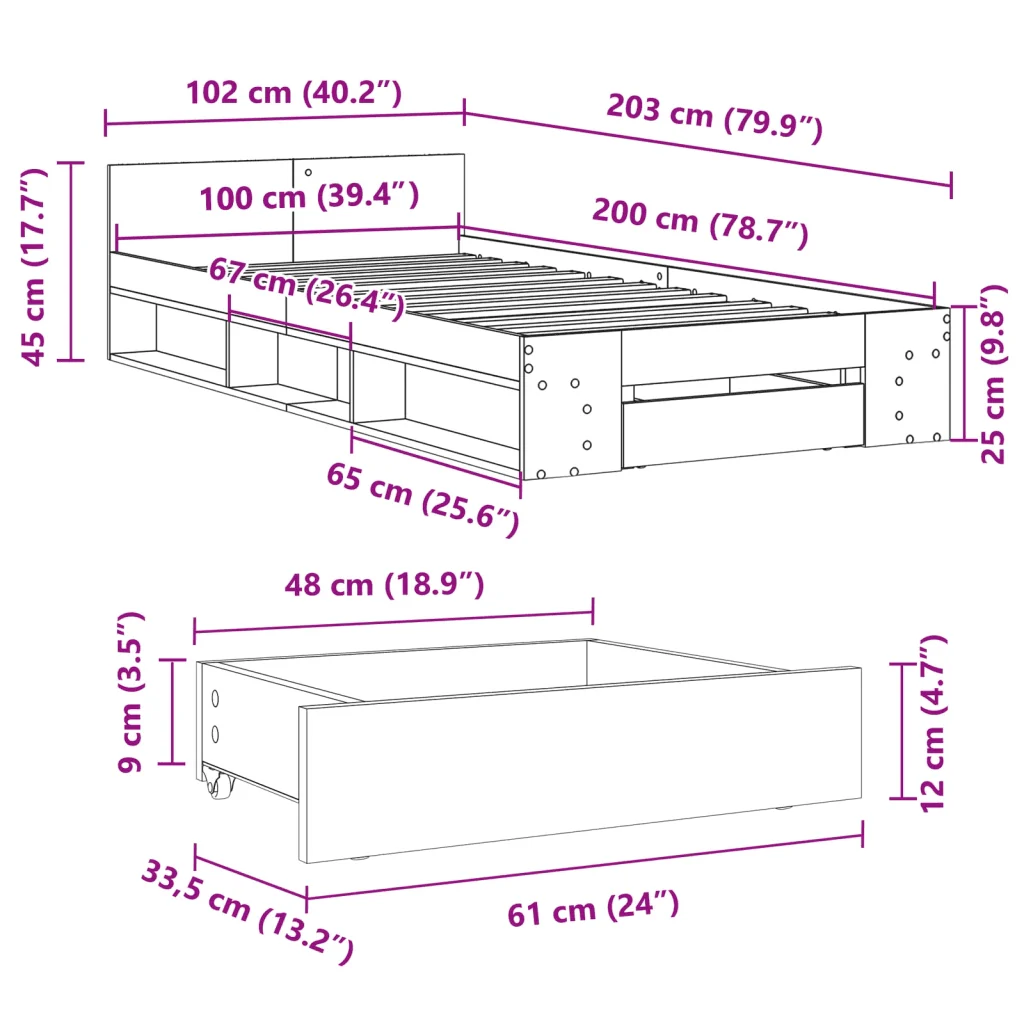 Letto singolo | Letto per adulti | Giroletto con Cassetto Bianco 100x200 cm in Legno Multistrato - Image 10