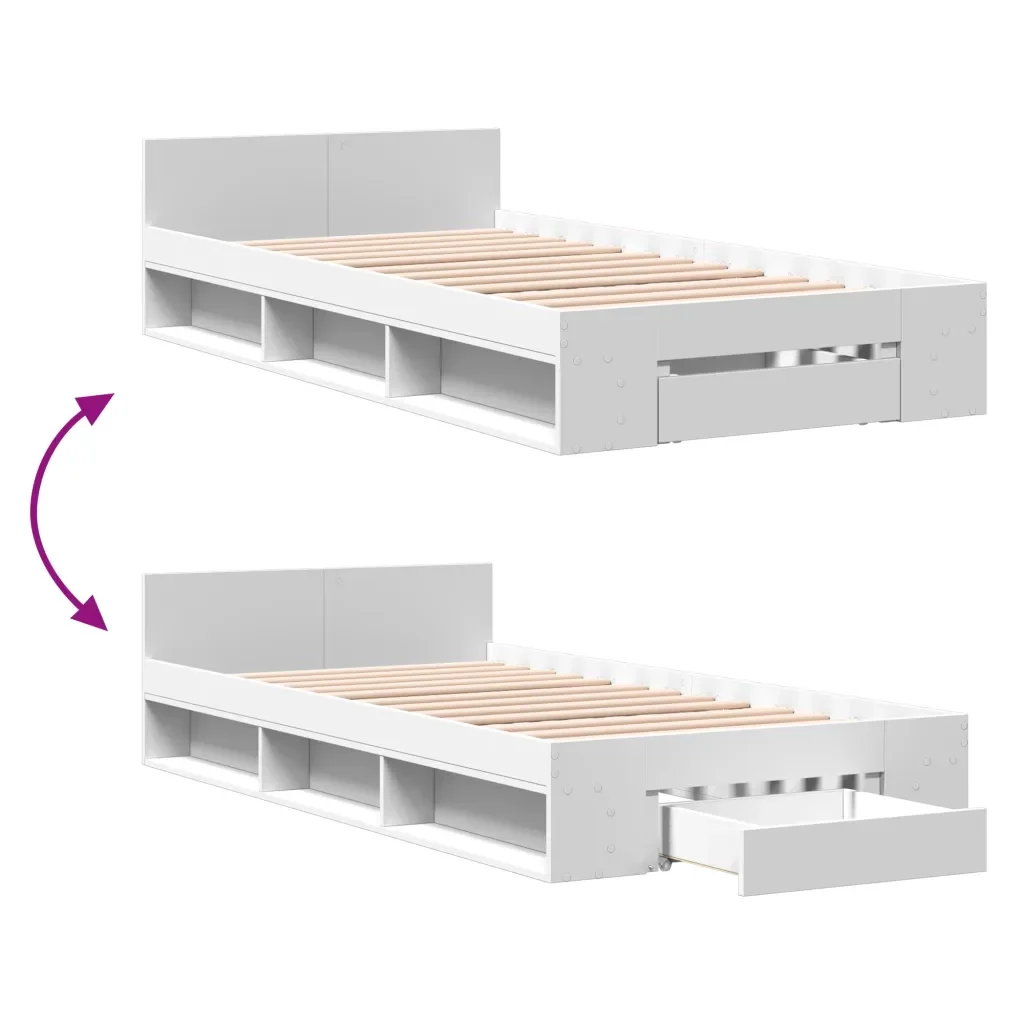 Letto singolo | Letto per adulti | Giroletto con Cassetto Bianco 100x200 cm in Legno Multistrato - Image 7