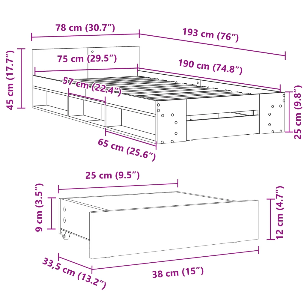 Letto singolo | Letto per adulti | Giroletto con Cassetto Bianco 75x190 cm in Legno Multistrato - Image 10