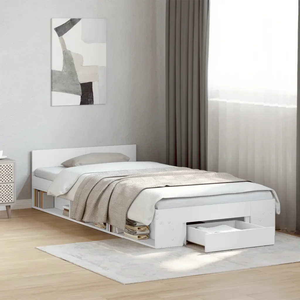 Letto singolo | Letto per adulti | Giroletto con Cassetto Bianco 75x190 cm in Legno Multistrato - Image 2