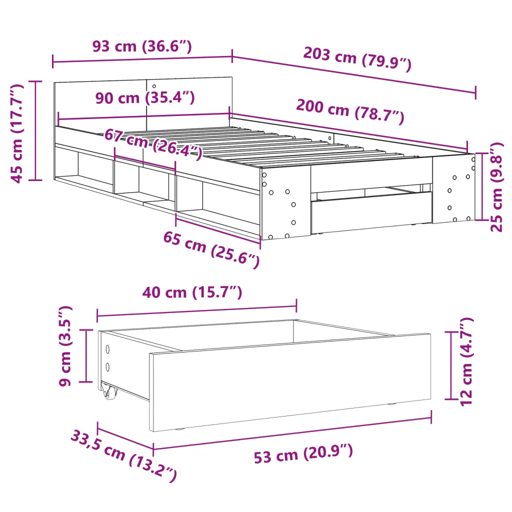 Letto singolo | Letto per adulti | Giroletto con Cassetto Bianco 90x200 cm in Legno Multistrato - Image 10