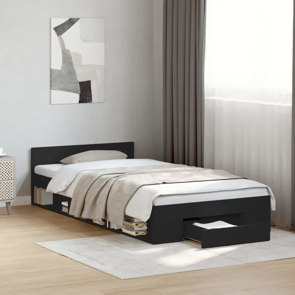 Letto singolo | Letto per adulti | Giroletto con Cassetto Nero 75x190 cm in Legno Multistrato - Image 2