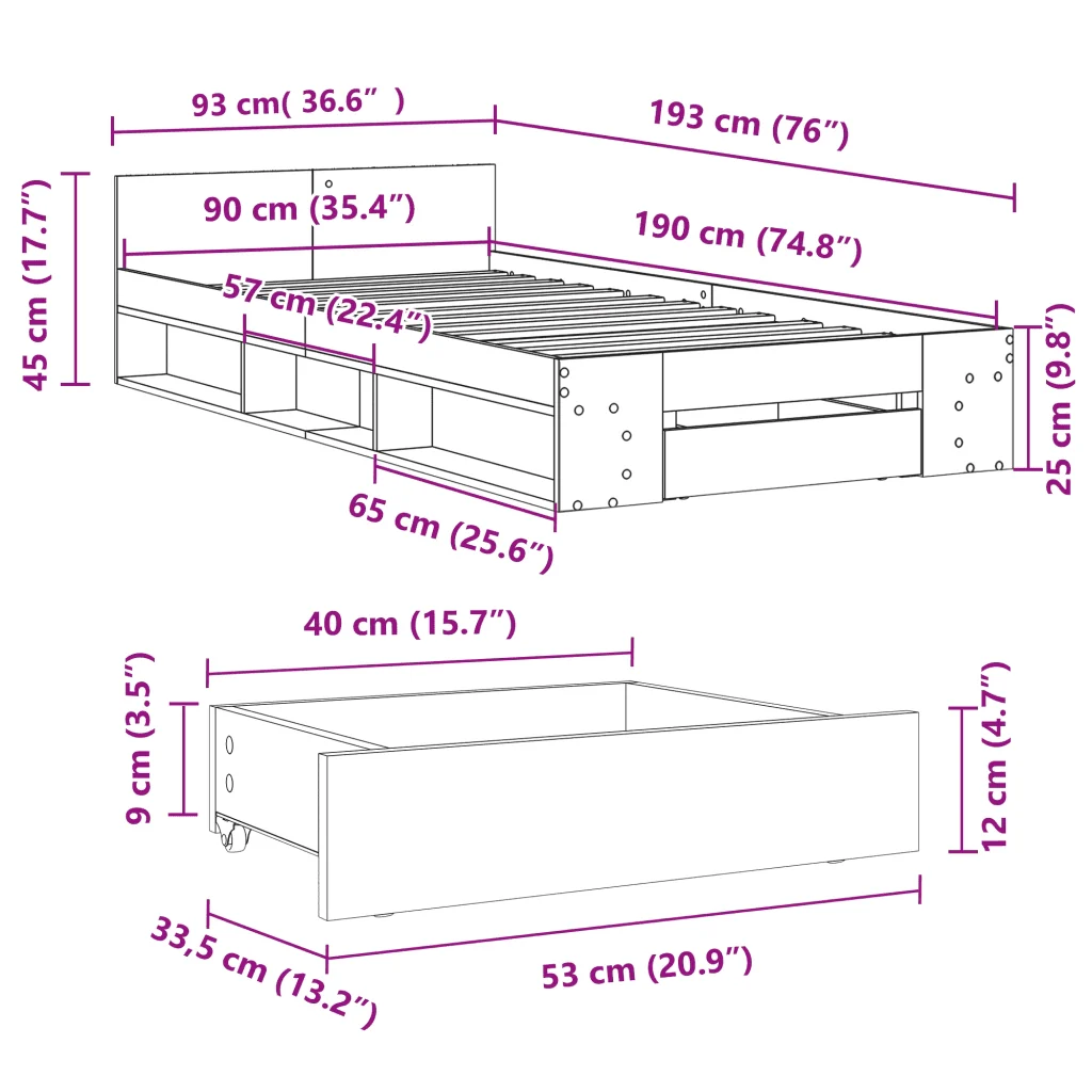 Letto singolo | Letto per adulti | Giroletto con Cassetto Nero 90x190 cm in Legno Multistrato - Image 10
