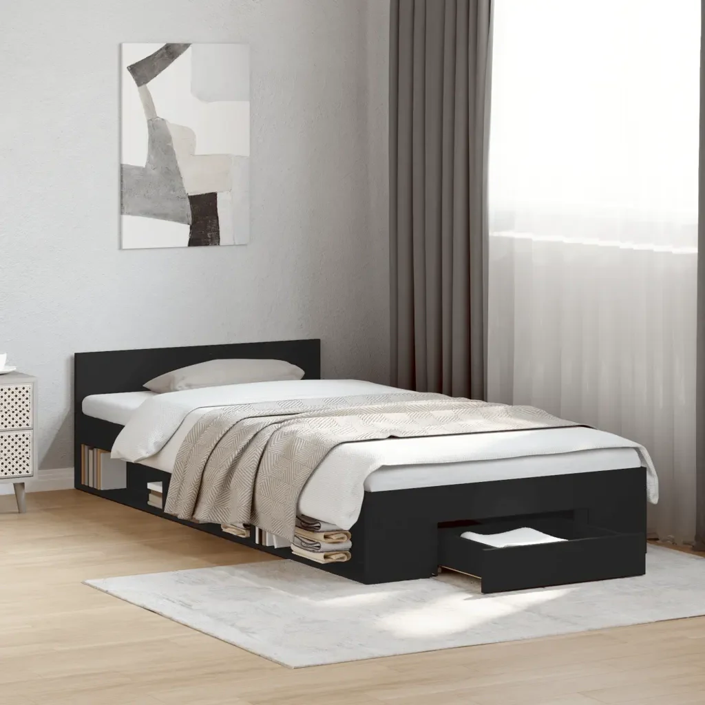 Letto singolo | Letto per adulti | Giroletto con Cassetto Nero 90x190 cm in Legno Multistrato - Image 2