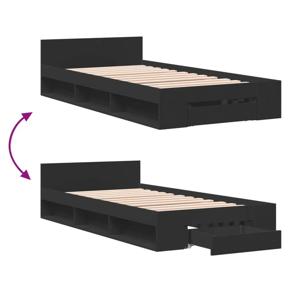 Letto singolo | Letto per adulti | Giroletto con Cassetto Nero 90x190 cm in Legno Multistrato - Image 7