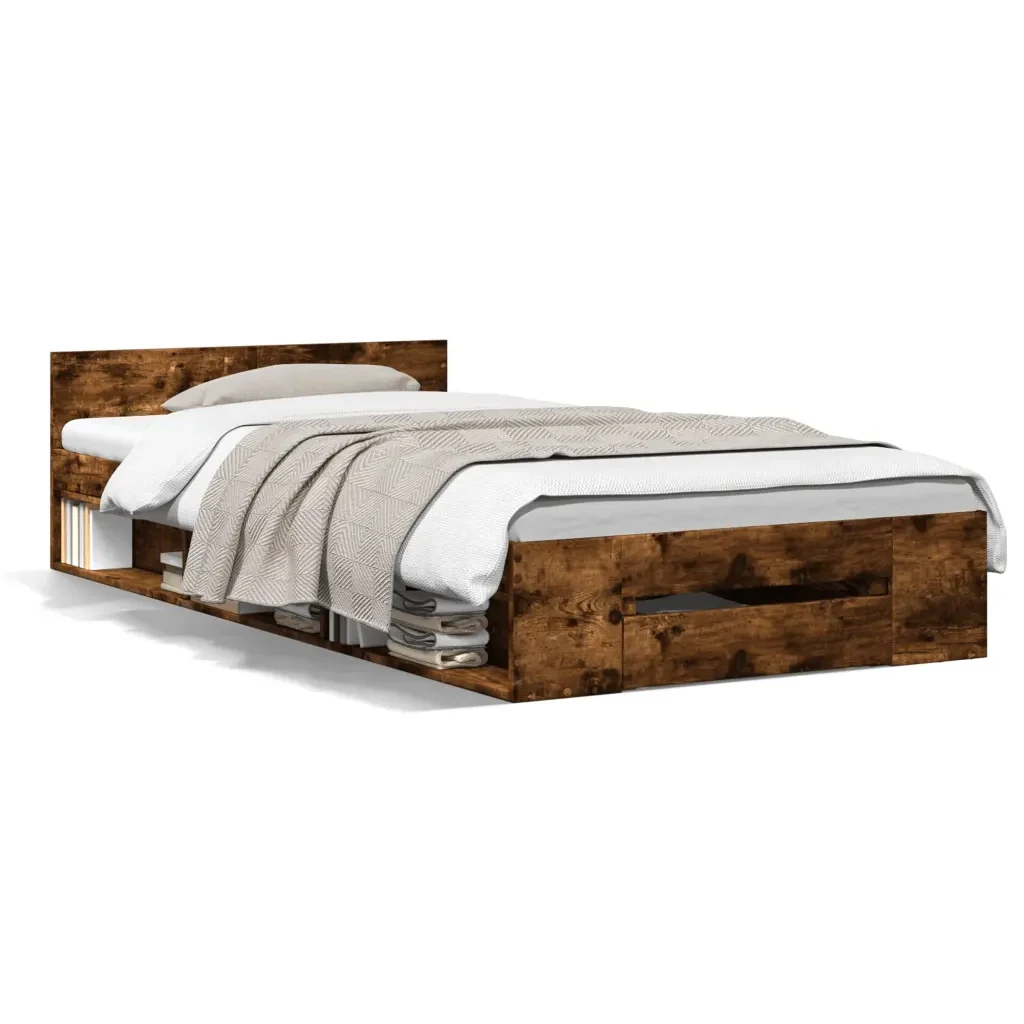 Letto singolo | Letto per adulti | Giroletto con Cassetto Rovere Fumo 100x200 cm Legno Multistrato