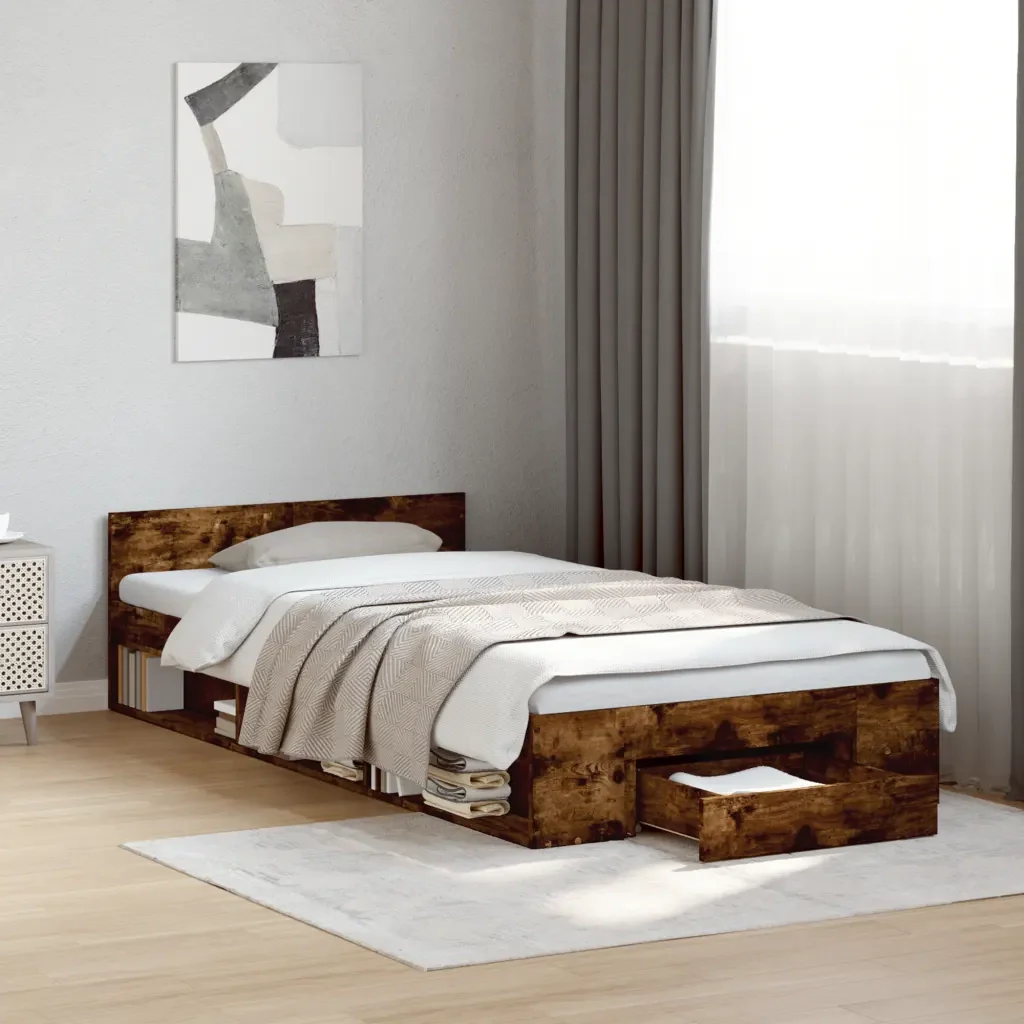 Letto singolo | Letto per adulti | Giroletto con Cassetto Rovere Fumo 100x200 cm Legno Multistrato - Image 2